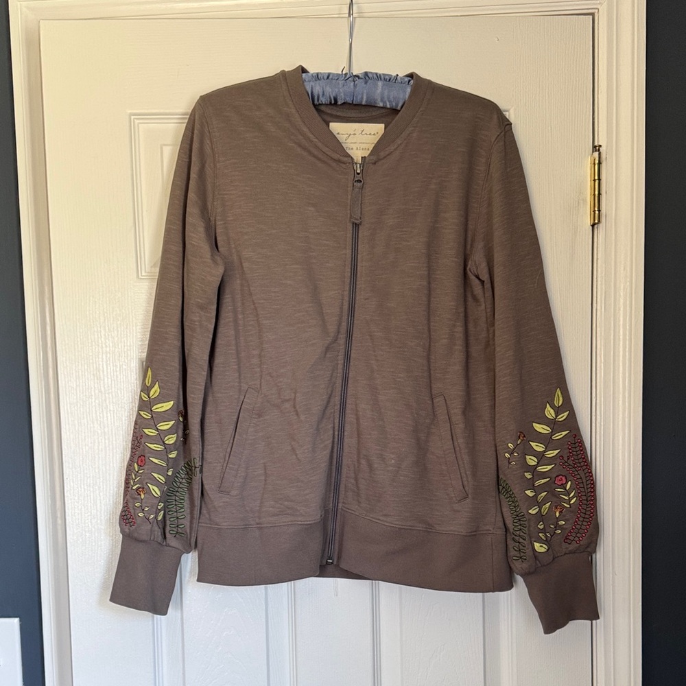evy's tree Taupe Zip Bomber Jacket with Embroidered Sleeves